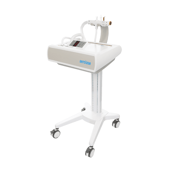 A white, wheeled Aerolase Lightpod Neo (Elite) medical laser device features a digital display and a handheld applicator.