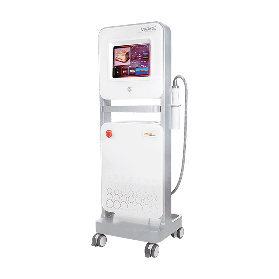 The Aesthetics Biomedical Vivace RF is a touchscreen medical device mounted on a wheeled stand with a handle, equipped with various buttons and a screen displaying controls, making it ideal for those seeking to purchase used lasers for sale.