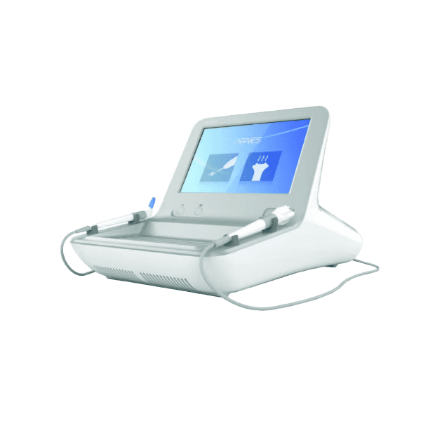 The Agnes RF is a white electronic device with a touchscreen and connected probes, featuring a blue interface screen on a white background. This used aesthetic laser is in excellent condition.