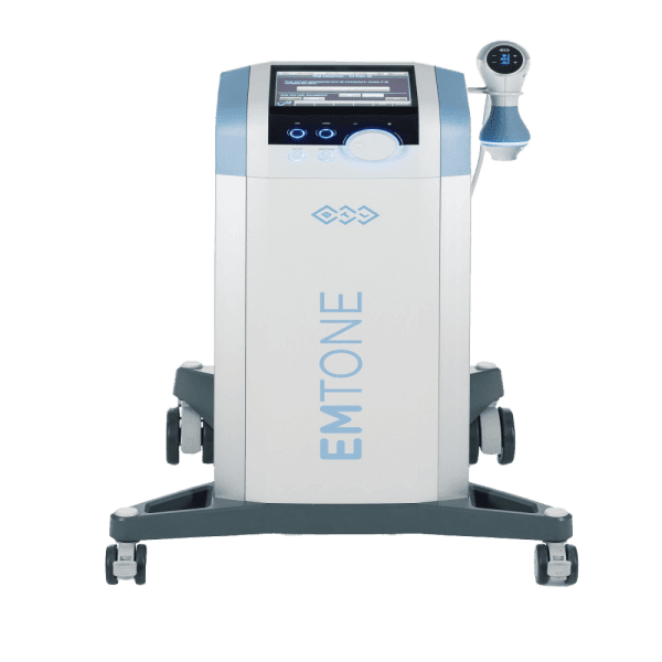 A pre-owned BTL Emtone aesthetic laser device featuring a touchscreen display and handheld applicator, mounted on a wheeled base.