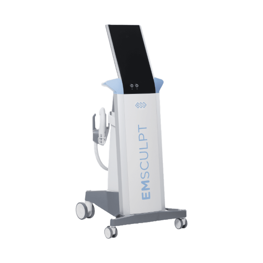 A medical device labeled "BTL Emsculpt," featuring a screen and handheld component, is mounted on a wheeled base. This unit is ideal for those in the market for used aesthetic lasers or seeking to upgrade their equipment.