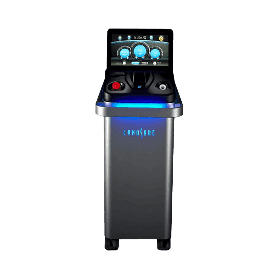 A Cynosure Elite IQ medical laser device features a touch screen display that showcases the interface controls. It boasts a sleek, modern design with a black and blue color scheme.