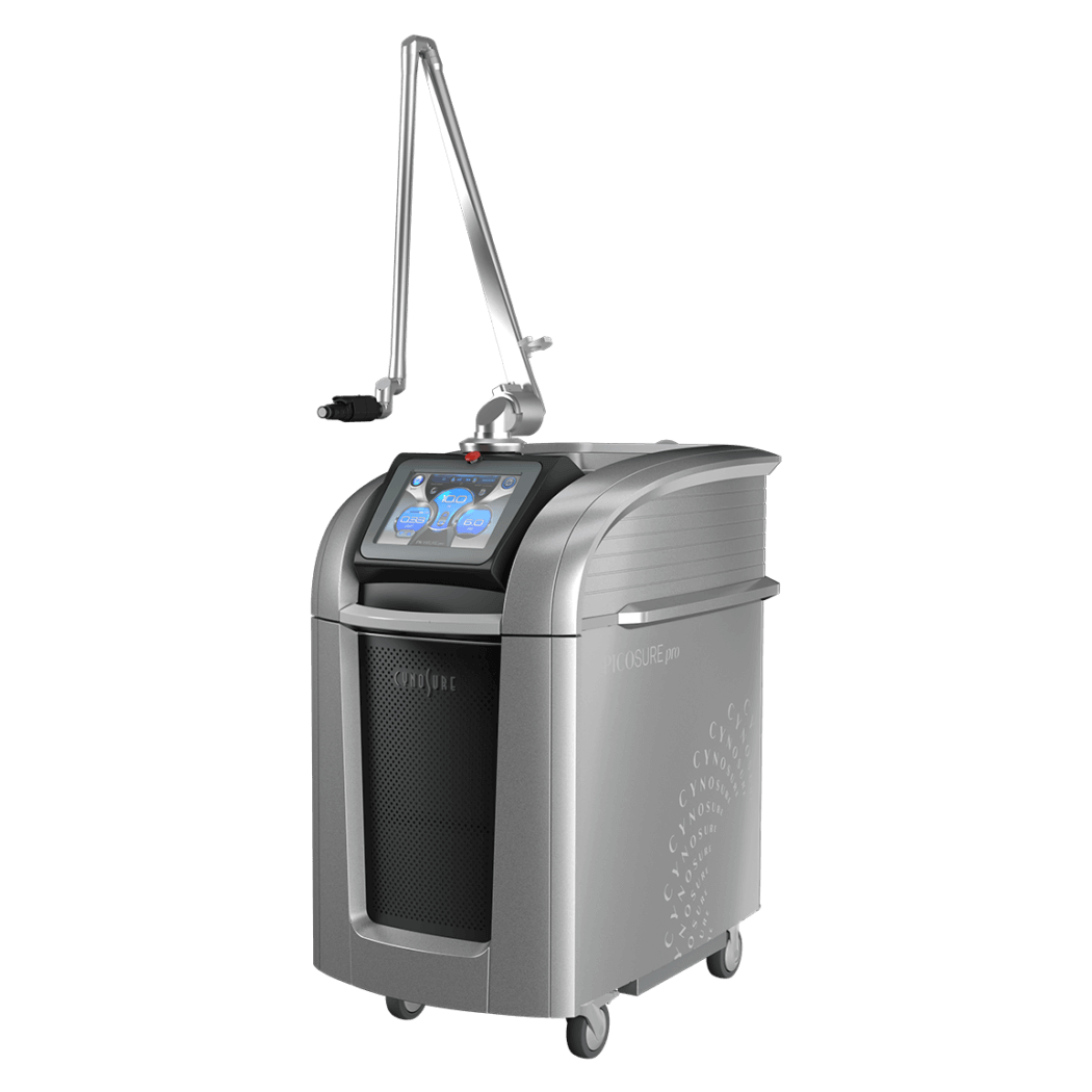 A silver Cynosure PicoSure Pro, featuring wheels for easy mobility, an adjustable arm, and a touchscreen interface on the front, perfect for clinics in search of used CO2 lasers.