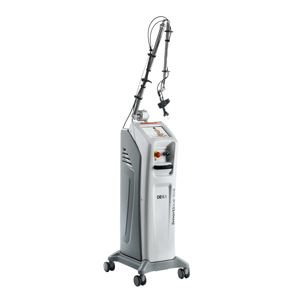 The Cartessa Tetra CO2 w/Cool Peel is a medical laser machine mounted on wheels, featuring a flexible arm and control panel.