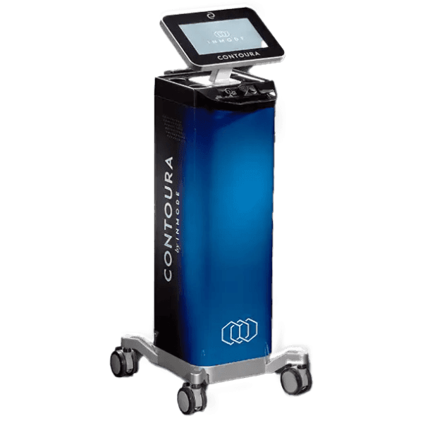 A blue and black Inmode Contoura medical device equipped with a touchscreen display mounted on wheels.