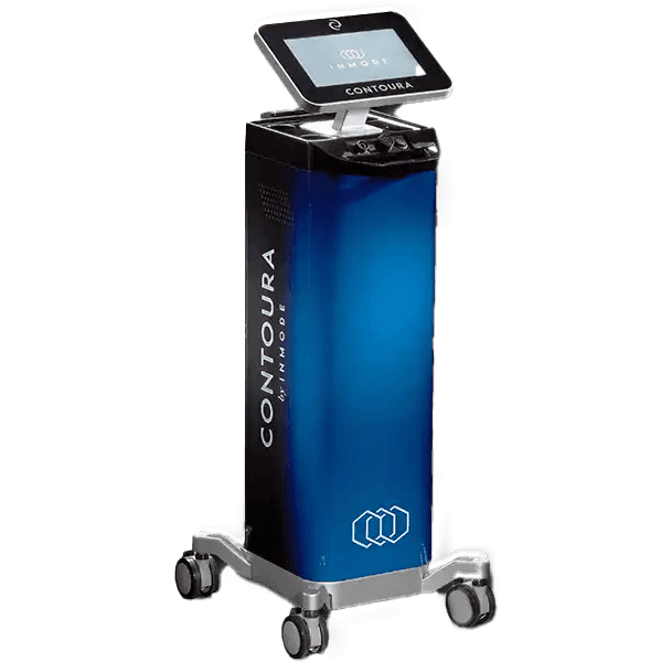 A blue and black Inmode Contoura medical device equipped with a touchscreen display mounted on wheels.