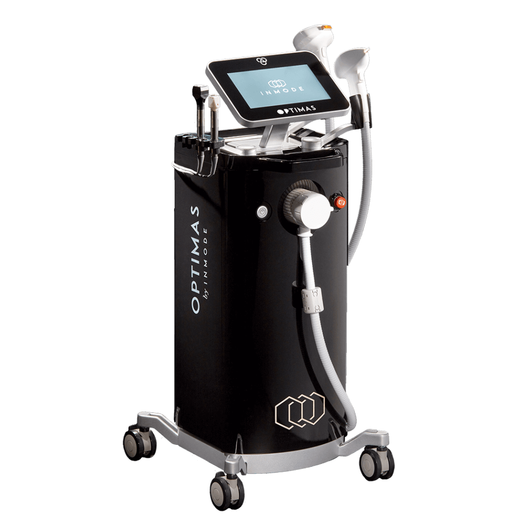 A sleek, black medical device with a touchscreen display, labeled "Inmode Optimas," features various attached instruments and is mounted on a rolling stand. This advanced system includes a used cosmetic laser component and ensures high performance for professional applications.