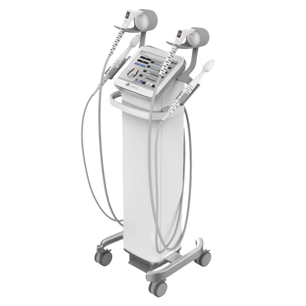 A used Lumenis Optilight aesthetic laser on a wheeled stand with multiple handheld attachments, perfect for various treatments.