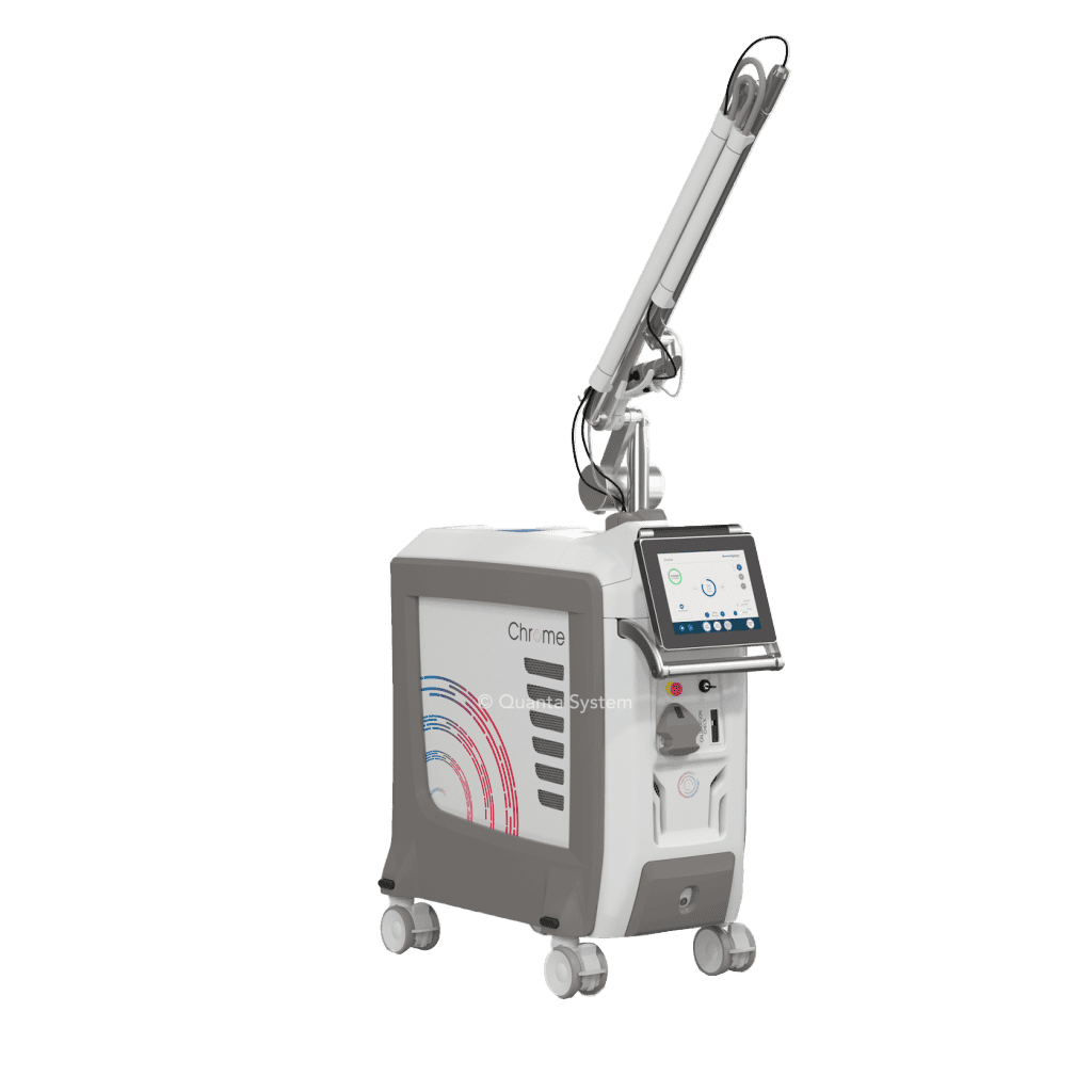 The Quanta Lasers Chrome Lase is a medical laser device featuring a touchscreen interface and an articulated arm, all mounted on wheels for enhanced mobility.