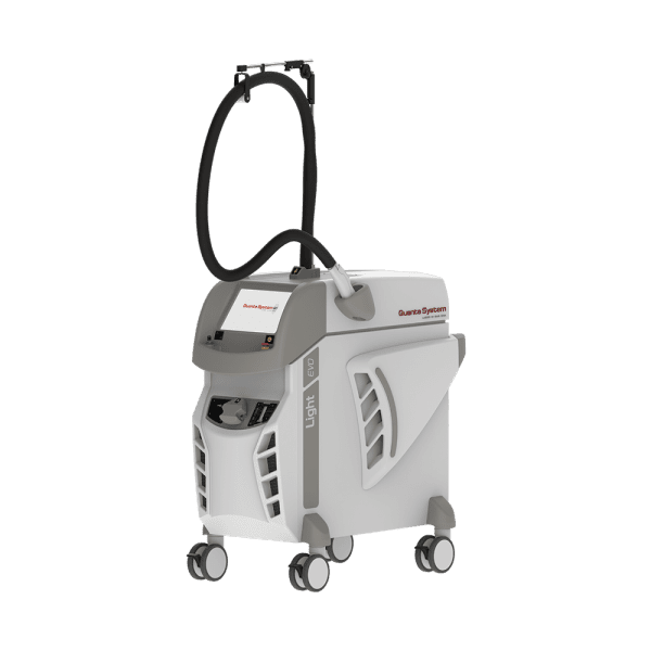 The Quanta Lasers Light-Evo, a used hair removal laser with wheels, a flexible hose, and a control panel labeled "Quanta System" and "Light EVO," is an excellent choice for those seeking advanced cosmetic treatments at a more affordable price.