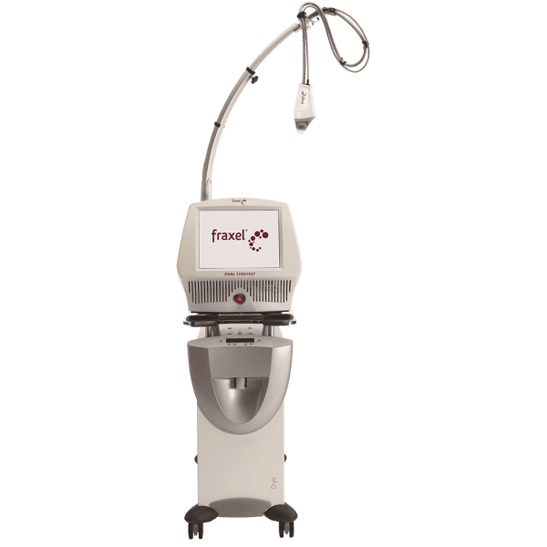 Image of the Solta Fraxel Dual laser device used for skin treatment, featuring a control screen, flexible arm, and treatment head on a rolling stand. This versatile used aesthetic laser is ideal for various cosmetic procedures.